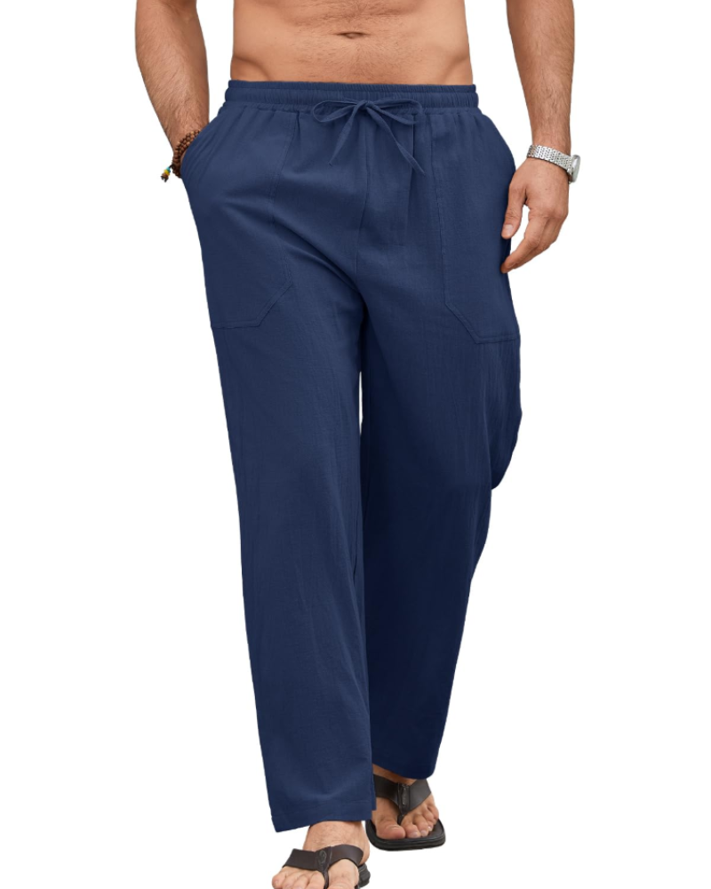 Brennan Men's Cotton Linen Drawstring Trousers – Elastic Waist Casual Summer Pants