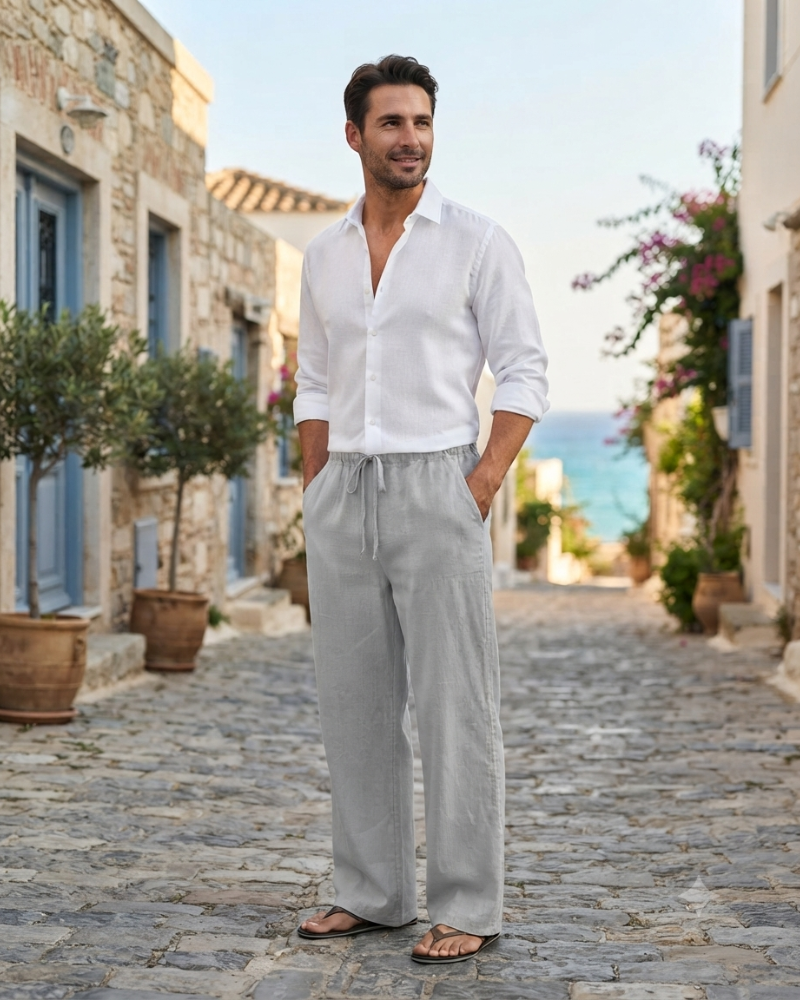 Mitchell Men's Linen Drawstring Trousers – Elastic Waist Straight Leg Casual Pants