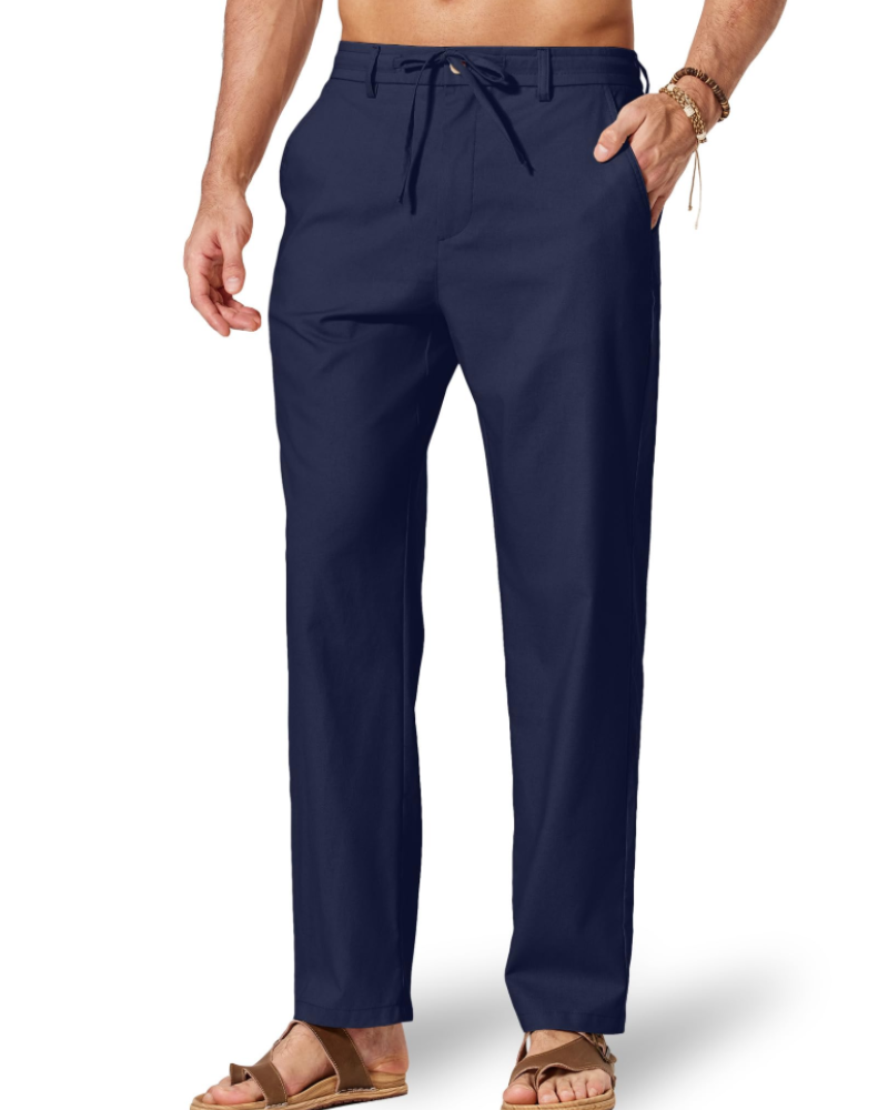 Gareth Men's Cotton Linen Drawstring Trousers – Elastic Waist Casual Summer Pants