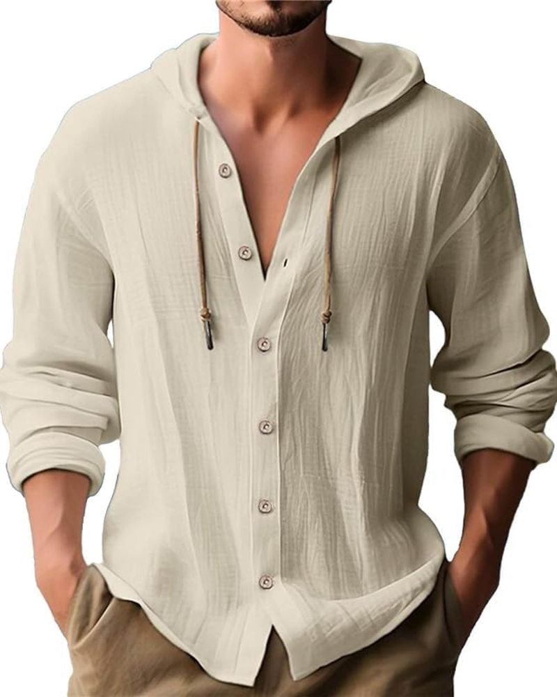 Tristan Men's Hooded Linen Shirt – Long Sleeve Button-Front Casual Summer Top