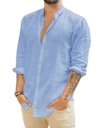 Miles Men's Linen Shirt – Long Sleeve Button-Down Band Collar Summer Shirt