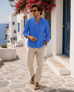 Declanson Men's Cotton Linen Henley Shirt – Long Sleeve Grandad Collar Button-Up Shirt