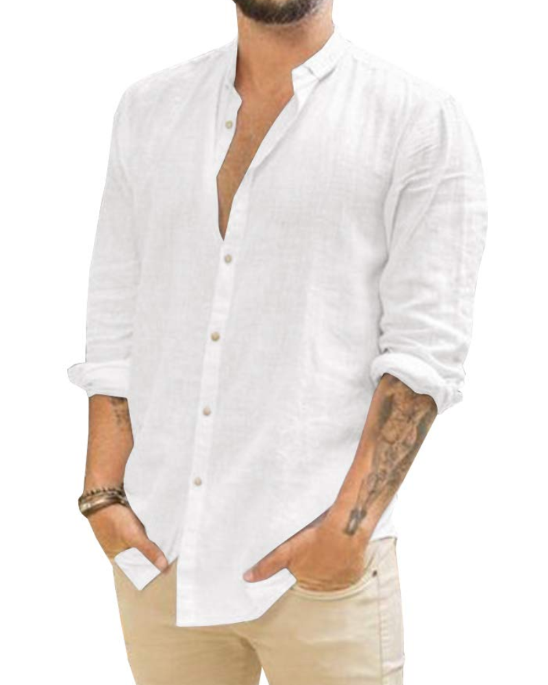 Miles Men's Linen Shirt – Long Sleeve Button-Down Band Collar Summer Shirt
