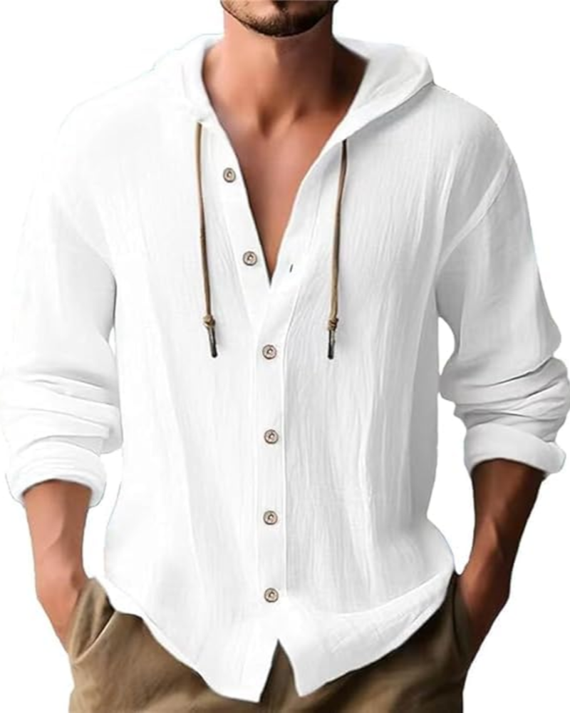 Tristan Men's Hooded Linen Shirt – Long Sleeve Button-Front Casual Summer Top