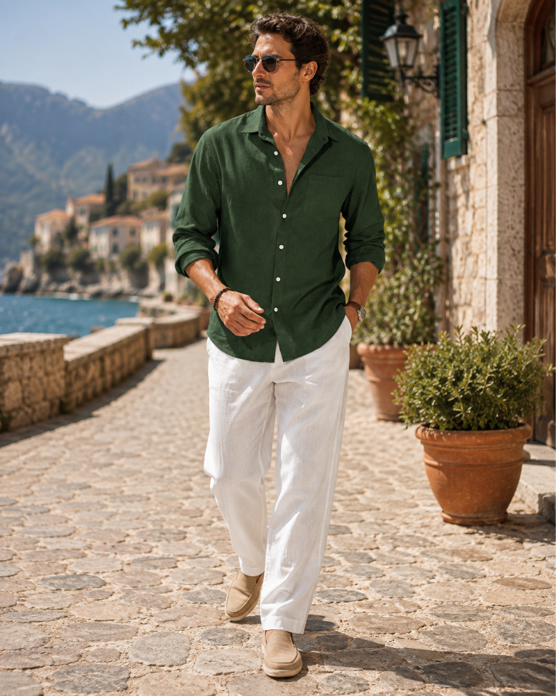 Benson Men's Cotton Linen Shirt – Long Sleeve Button-Up Casual Shirt with Chest Pocket