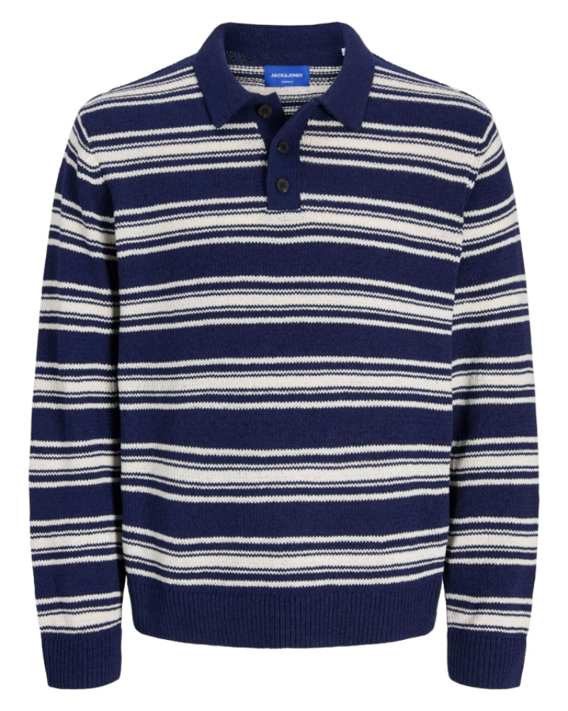 Elliot Men's Knitted Polo Shirt – Striped Loose Fit Long Sleeve Polo