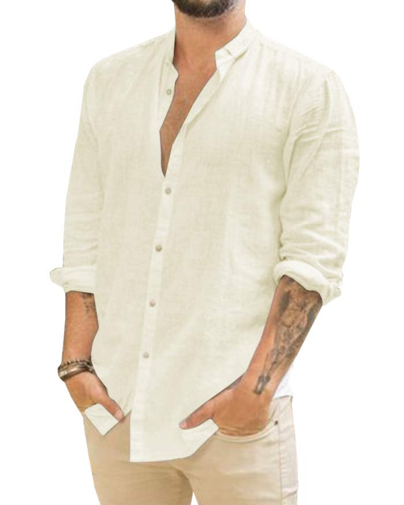 Miles Men's Linen Shirt – Long Sleeve Button-Down Band Collar Summer Shirt