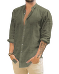Miles Men's Linen Shirt – Long Sleeve Button-Down Band Collar Summer Shirt