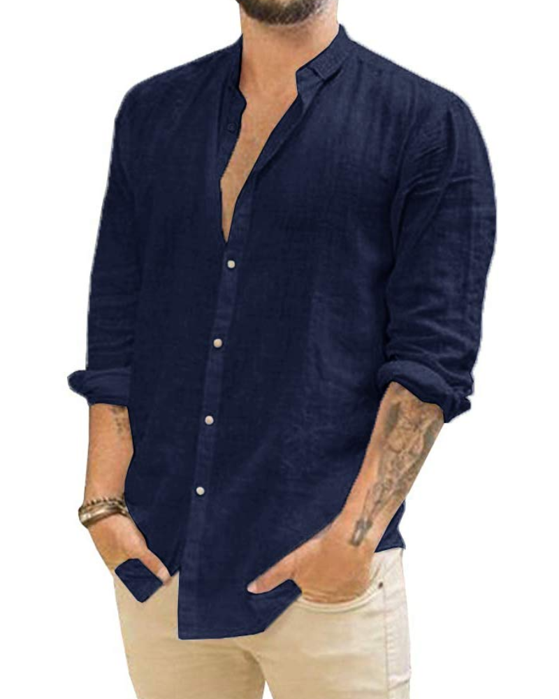 Miles Men's Linen Shirt – Long Sleeve Button-Down Band Collar Summer Shirt