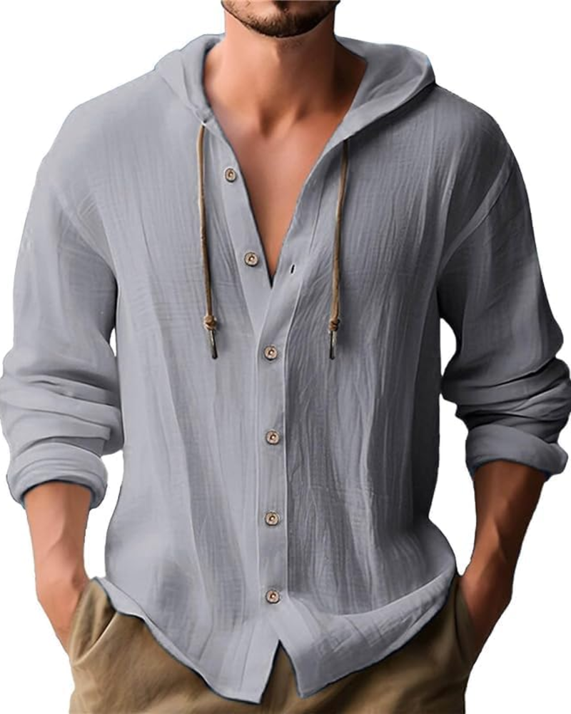 Tristan Men's Hooded Linen Shirt – Long Sleeve Button-Front Casual Summer Top