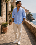Miles Men's Linen Shirt – Long Sleeve Button-Down Band Collar Summer Shirt