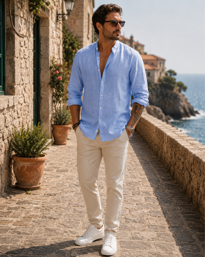 Miles Men's Linen Shirt – Long Sleeve Button-Down Band Collar Summer Shirt