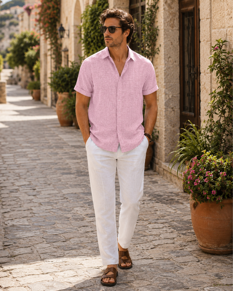 Cedric Men's Linen Blend Short Sleeve Shirt – Button-Up Casual Summer Shirt