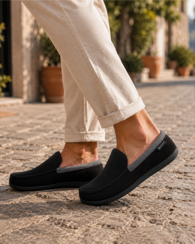 Rowan Men's Memory Foam Slippers – Waffle Knit Moccasin House Shoes with Rubber Sole