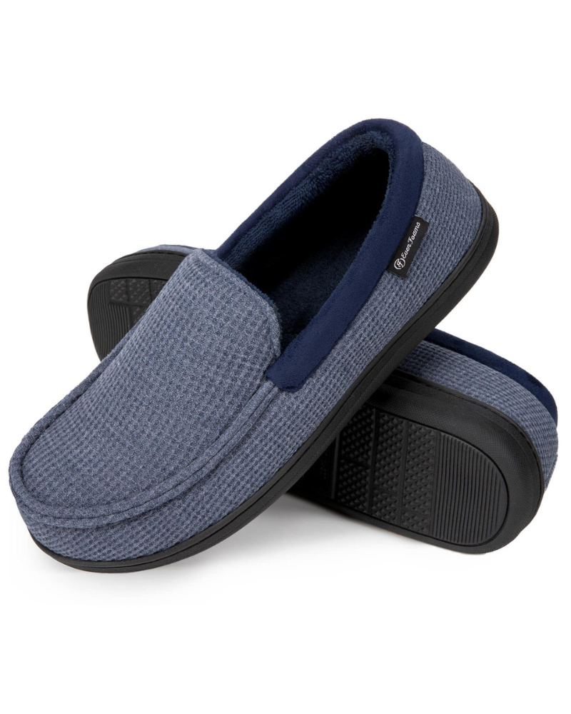 Rowan Men's Memory Foam Slippers – Waffle Knit Moccasin House Shoes with Rubber Sole