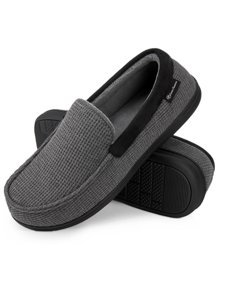 Rowan Men's Memory Foam Slippers – Waffle Knit Moccasin House Shoes with Rubber Sole