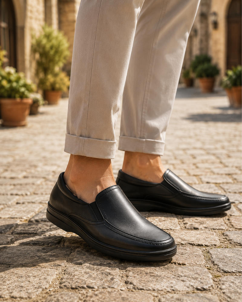 Ashton Men's Slip-On Loafers – Twin Elastic Gusset Black Casual Shoes