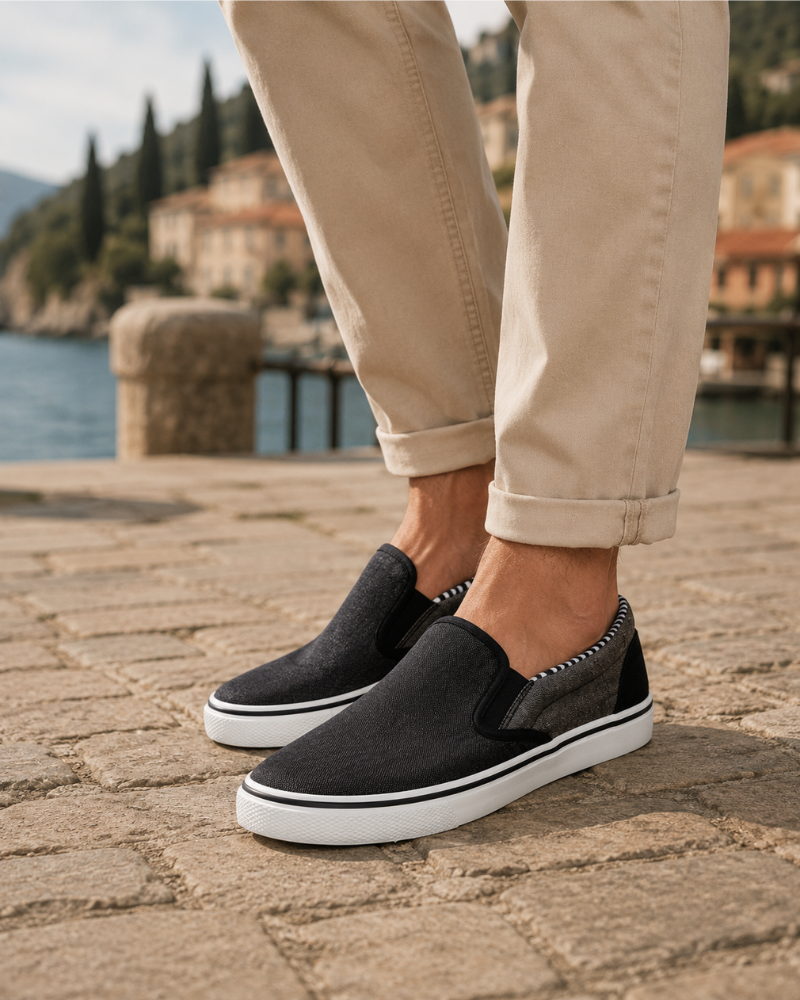 Holden Men's Slip-On Canvas Shoes – Denim Effect Casual Shoes with Elastic Side Panels