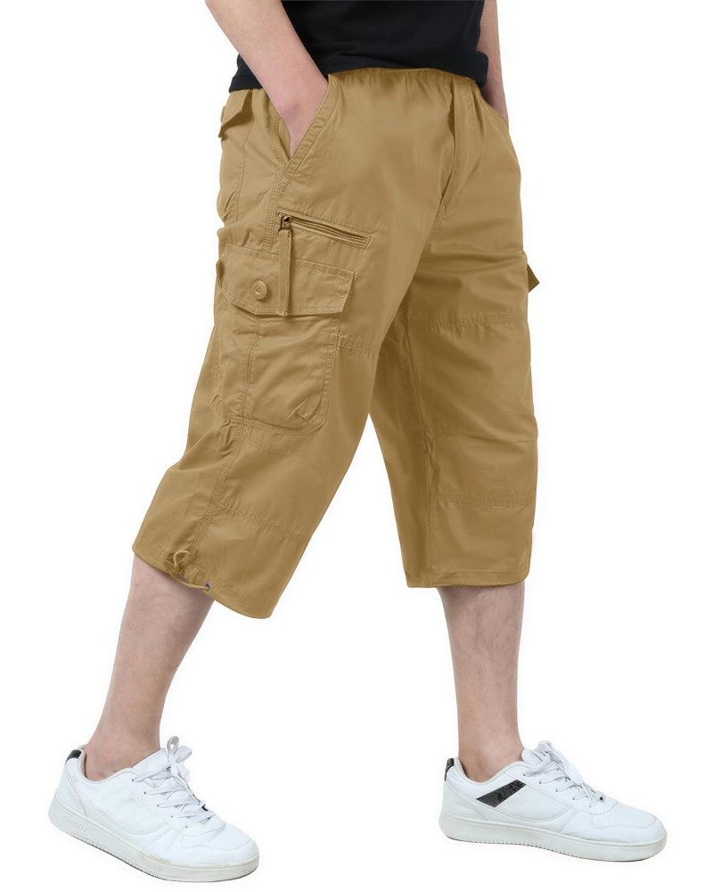 Connor Men's Cotton Cargo Shorts – 3/4 Length Multi-Pocket Drawstring Walking Shorts