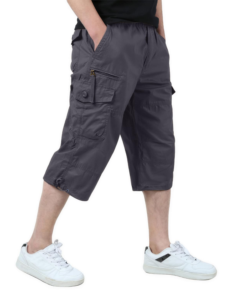 Declan Men's Cotton Cargo Shorts – 3/4 Length Multi-Pocket Drawstring Shorts