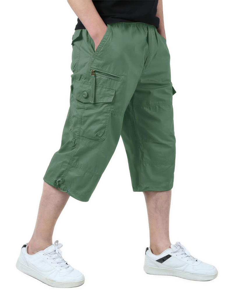 Declan Men's Cotton Cargo Shorts – 3/4 Length Multi-Pocket Drawstring Shorts