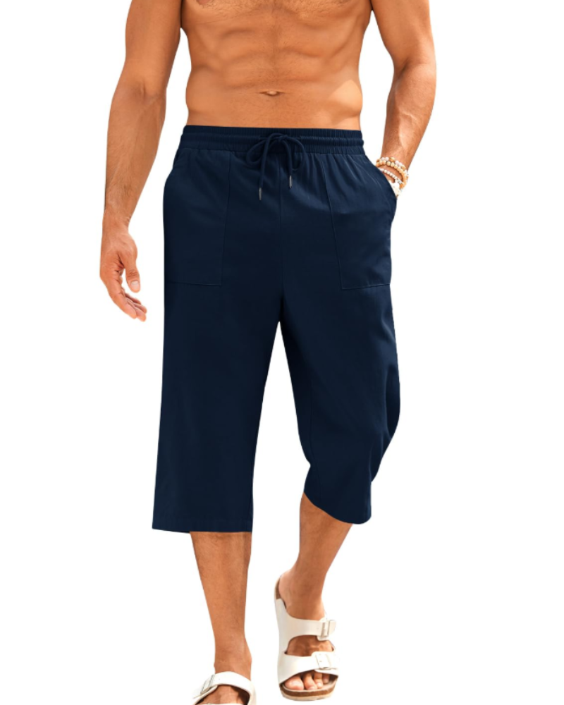Emmett Men's Cotton Linen Capri Shorts – Drawstring 3/4 Casual Shorts with Pockets