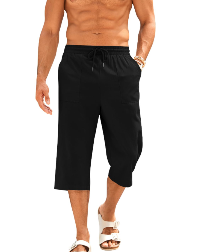 Emmett Men's Cotton Linen Capri Shorts – Drawstring 3/4 Casual Shorts with Pockets