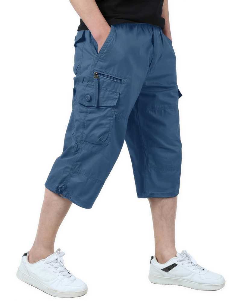 Declan Men's Cotton Cargo Shorts – 3/4 Length Multi-Pocket Drawstring Shorts