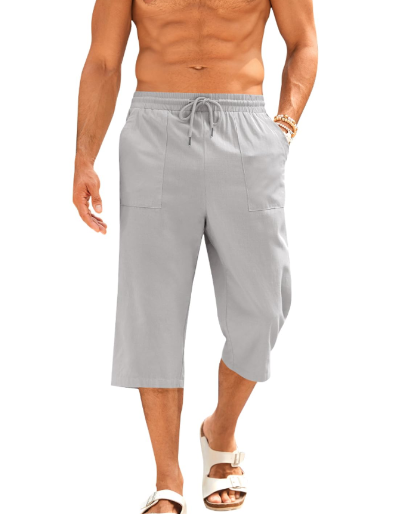 Emmett Men's Cotton Linen Capri Shorts – Drawstring 3/4 Casual Shorts with Pockets
