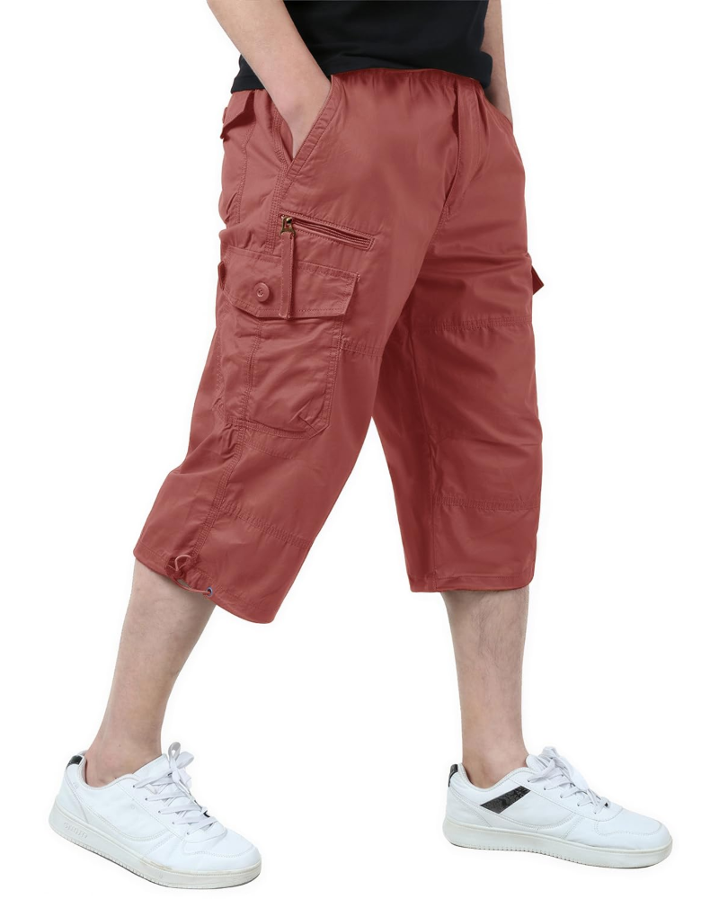 Declan Men's Cotton Cargo Shorts – 3/4 Length Multi-Pocket Drawstring Shorts