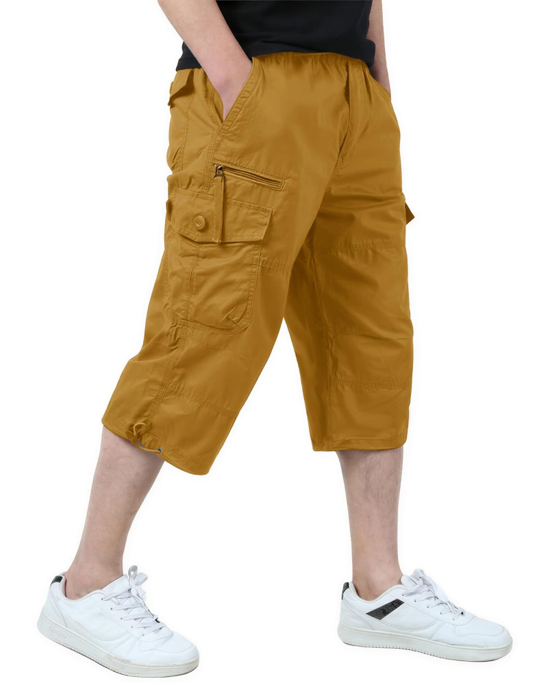 Connor Men's Cotton Cargo Shorts – 3/4 Length Multi-Pocket Drawstring Walking Shorts