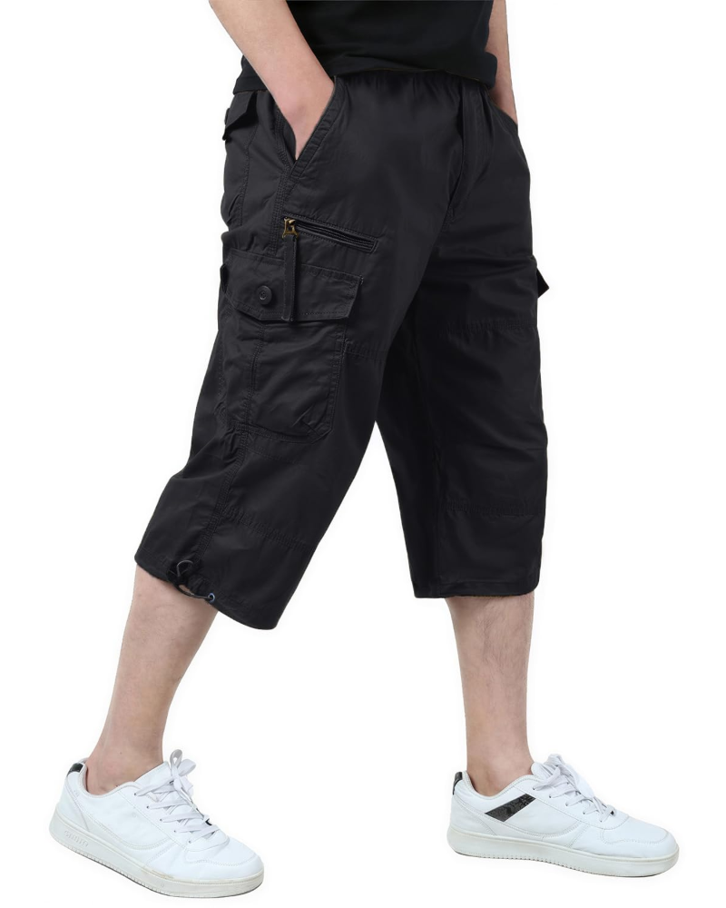Declan Men's Cotton Cargo Shorts – 3/4 Length Multi-Pocket Drawstring Shorts