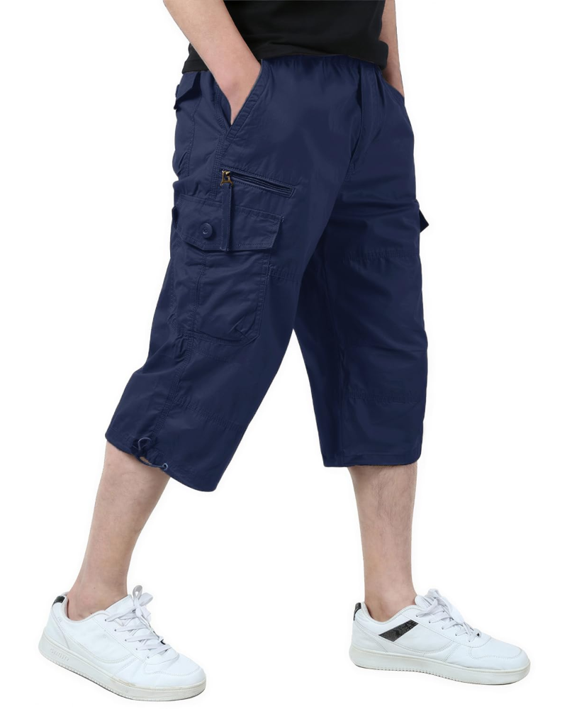Connor Men's Cotton Cargo Shorts – 3/4 Length Multi-Pocket Drawstring Walking Shorts