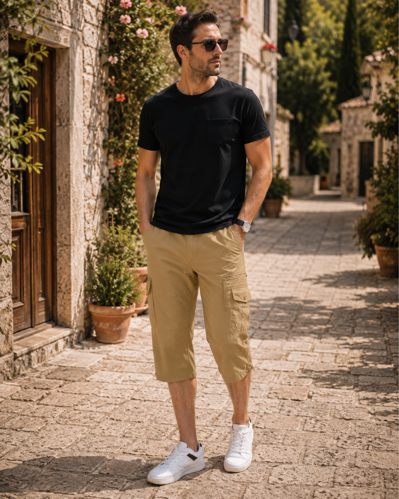Connor Men's Cotton Cargo Shorts – 3/4 Length Multi-Pocket Drawstring Walking Shorts