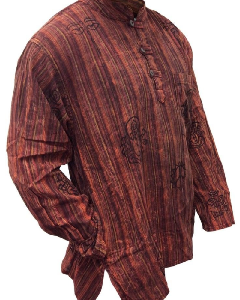 Travis Men's Cotton Grandad Shirt – Long Sleeve Tribal Print Band Collar Casual Shirt