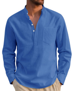 Declanson Men's Cotton Linen Henley Shirt – Long Sleeve Grandad Collar Button-Up Shirt
