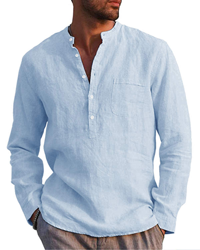 Colby Men's Linen Blend Henley Shirt – 5-Button Collarless Long Sleeve Casual Top