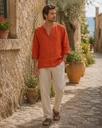 Parker Men's Cotton Linen Henley Shirt – Long Sleeve Band Collar Button Casual Shirt