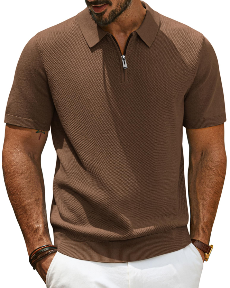 Brody Men's Knitted Polo Shirt – Short Sleeve Zip Neck Textured Knit Top