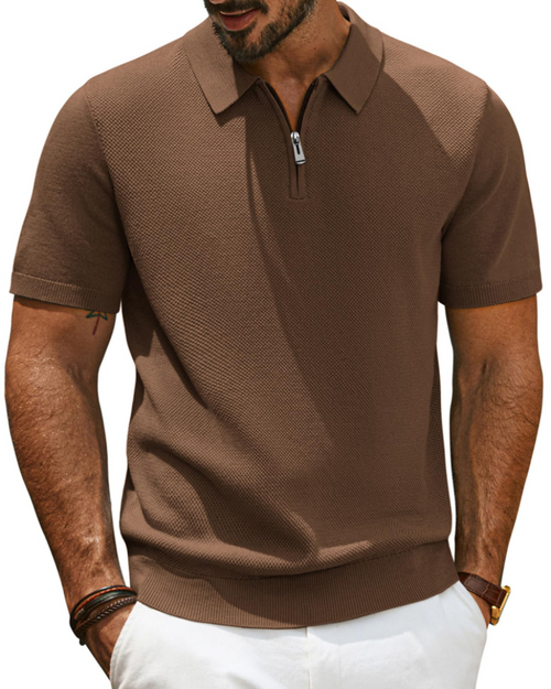 Brody Men's Knitted Polo Shirt – Short Sleeve Zip Neck Textured Knit Top