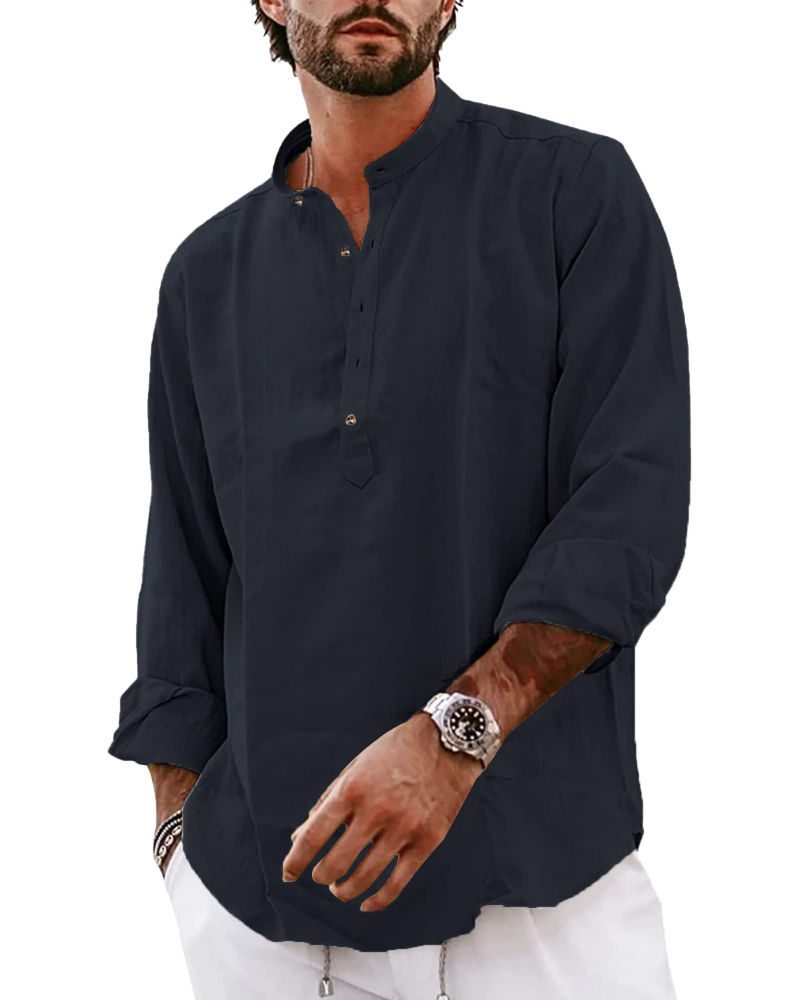 Tristan Men's Cotton Linen Henley Shirt – Long Sleeve 4-Button Casual Collarless Top