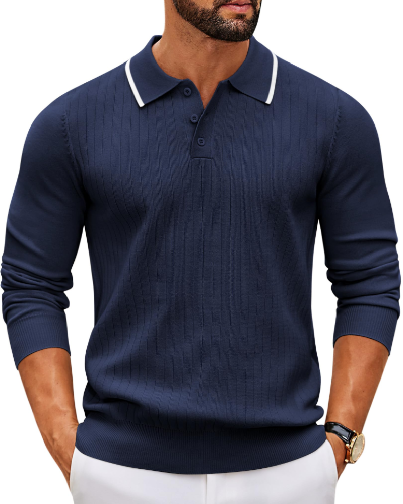 Rylan Men's Polo Neck Jumper – Long Sleeve Textured Knit Quarter Button Sweater