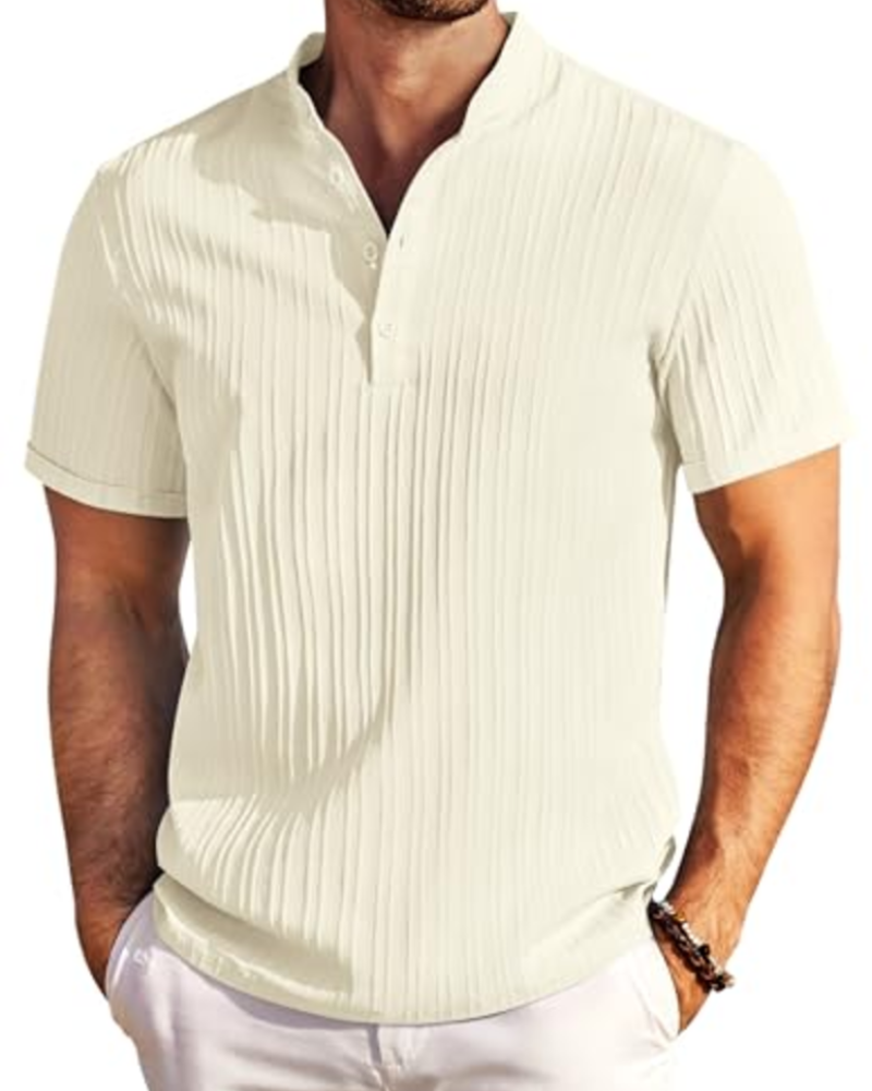 Nathan Men's Textured Henley T-Shirt – Striped Short Sleeve Button Neck Casual Top