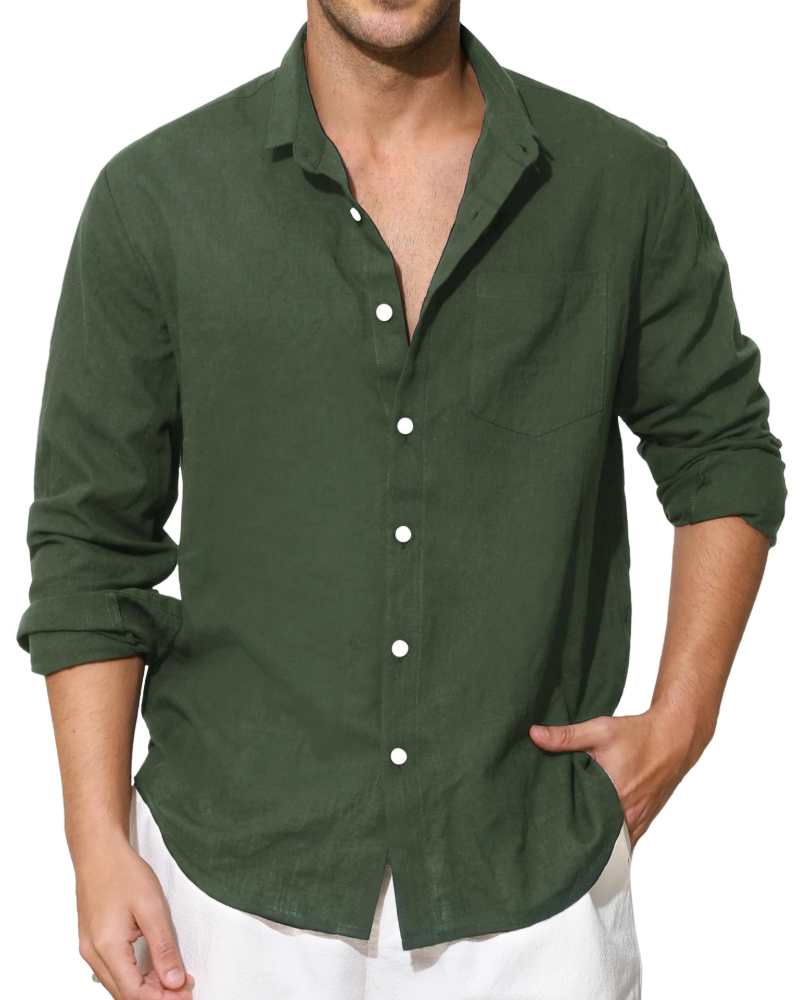 Benson Men's Cotton Linen Shirt – Long Sleeve Button-Up Casual Shirt with Chest Pocket