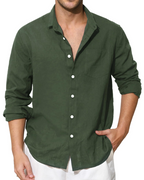 Benson Men's Cotton Linen Shirt – Long Sleeve Button-Up Casual Shirt with Chest Pocket