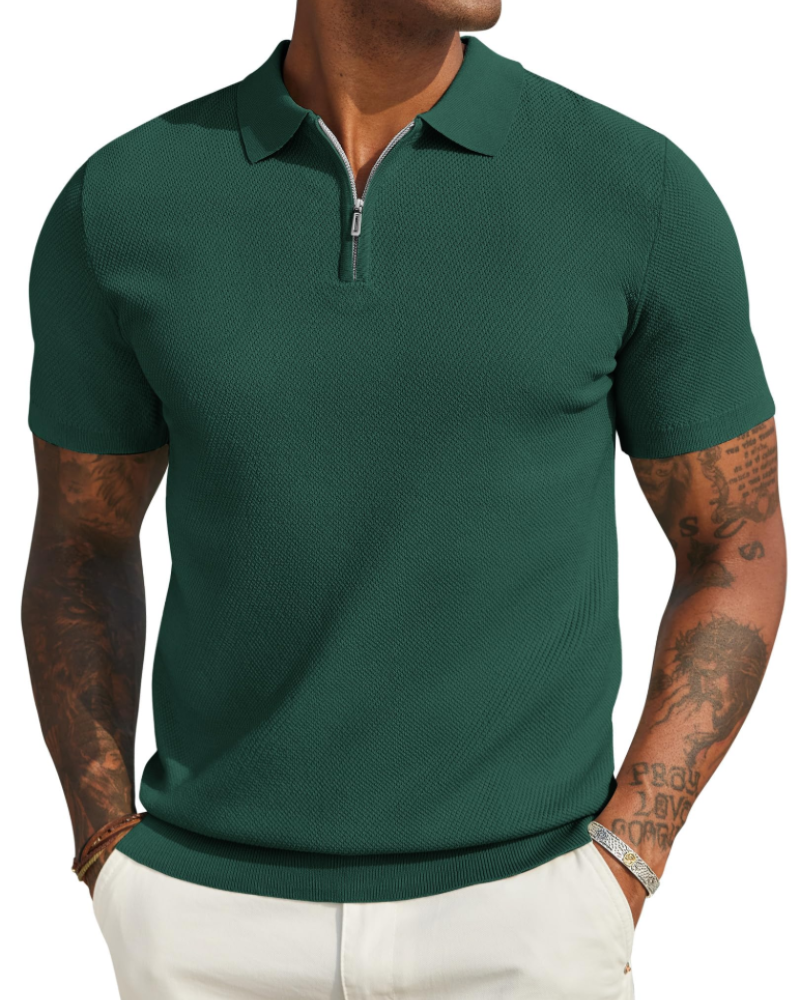 Spencer Men's Knitted Polo Shirt – Short Sleeve Quarter Zip Collared Knit Top