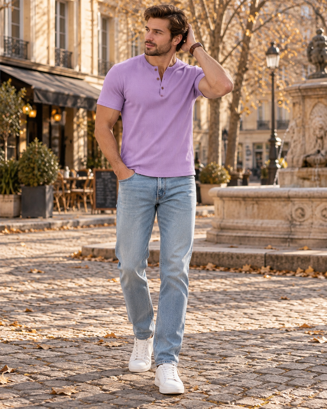 Nathaniel Men's T-Shirt – Short Sleeve Slim Fit Three-Button Casual Top