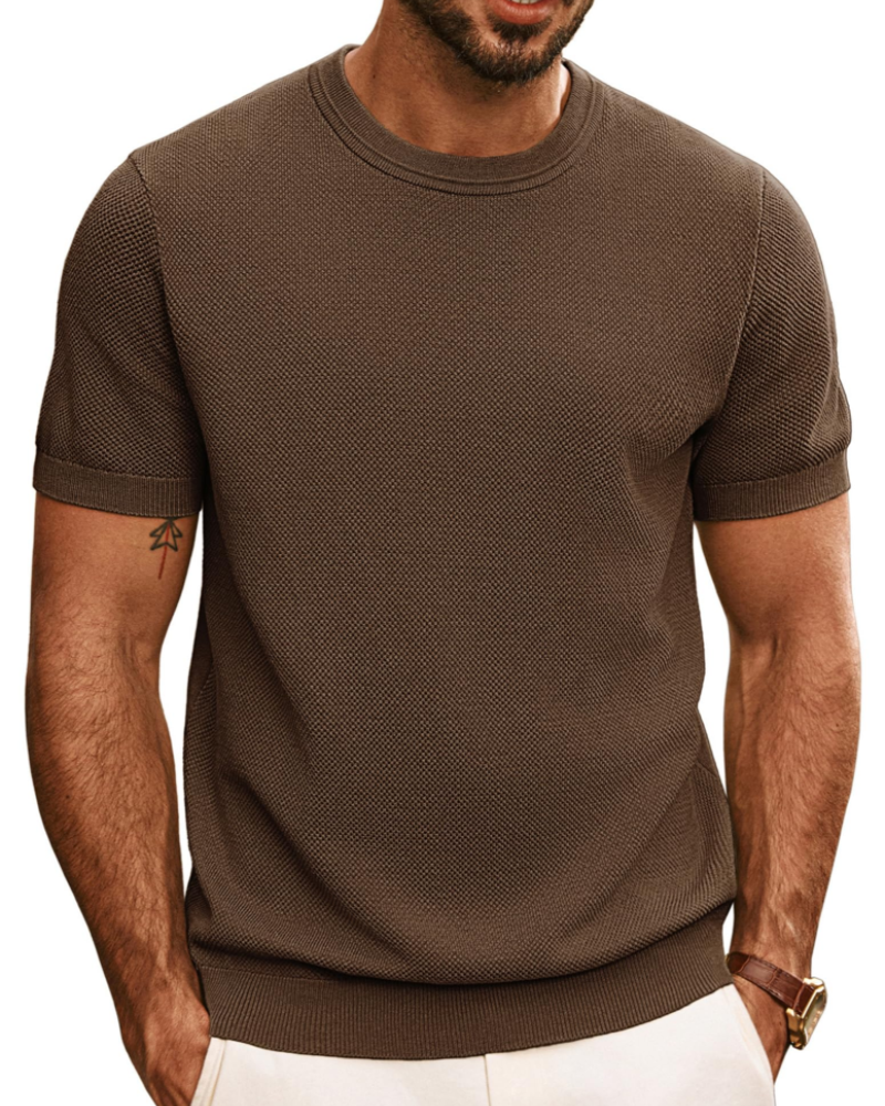 Ellison Men's Knitted T-Shirt – Textured Short Sleeve Crew Neck Knit Top