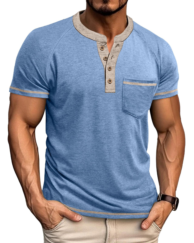 Chase Men's Grandad Collar T-Shirt – Colour Block Henley Short Sleeve Pocket Top