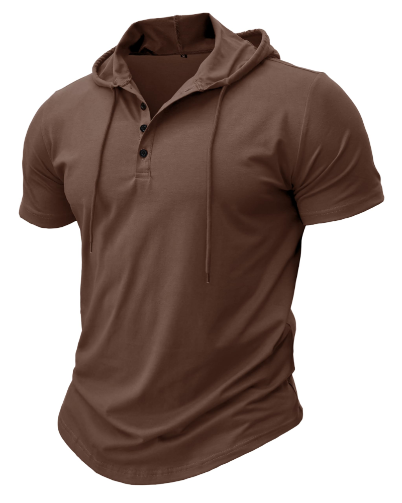 Dawson Men's Short Sleeve Hooded T-Shirt – Cotton Blend Button Neck Casual Hoodie
